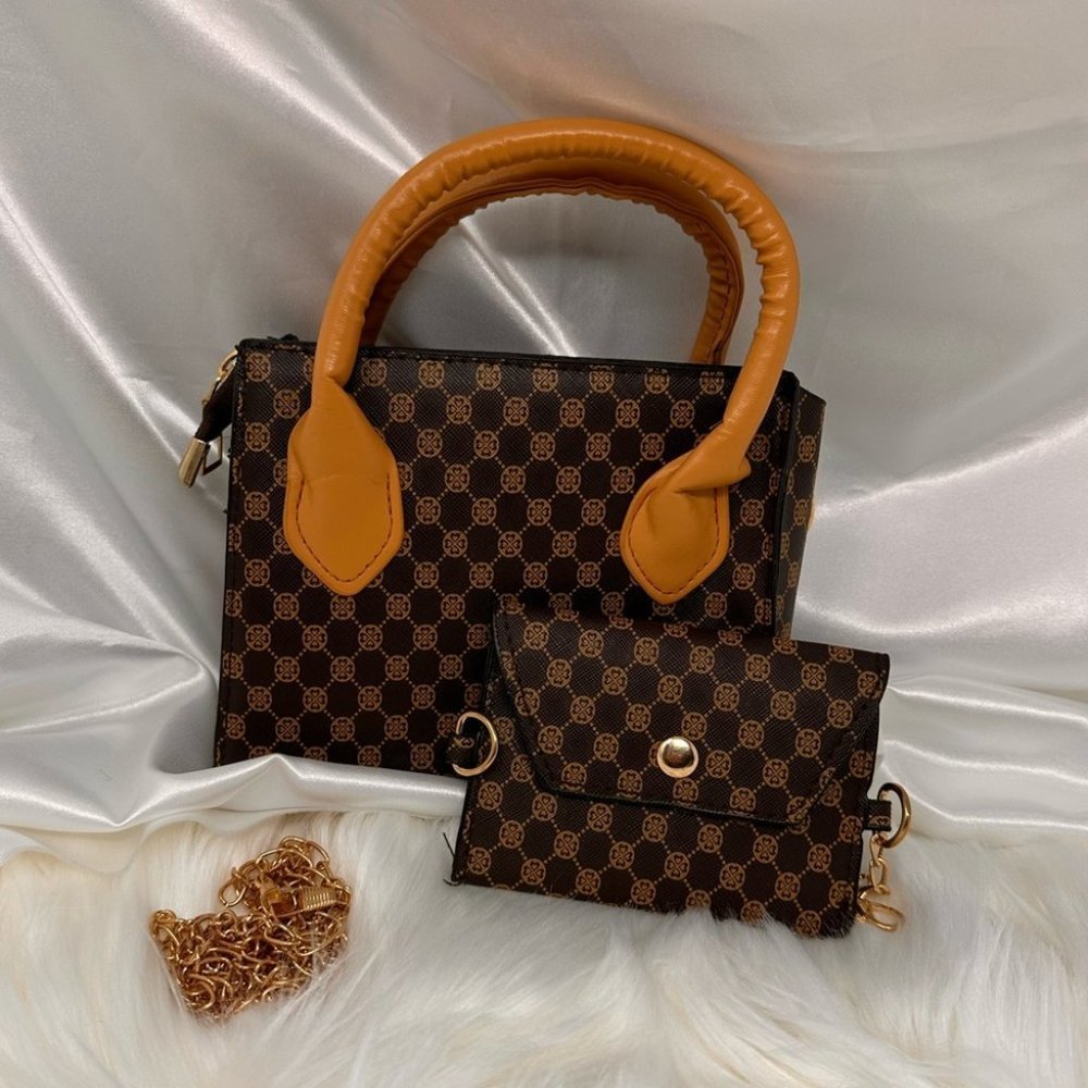 Brown & Tan Faux Leather Mini Tote Messenger Bag Purse